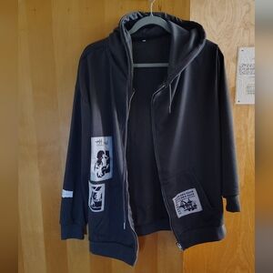 Women's Vintage Black Graphic Zip-Up Jacket with Hoodie